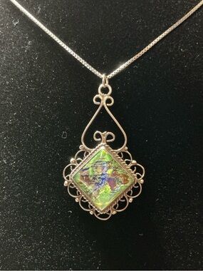 Vintage Art Glass Pendant Necklace on 925 Silver Filigree